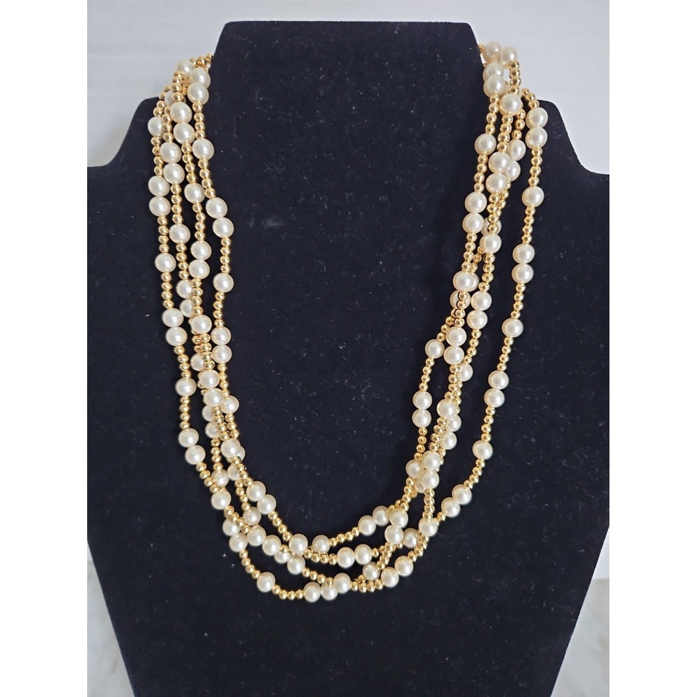 Trifari 4 Strand Pearl & Goldtone Beaded Multi-Strand Necklace Vintage